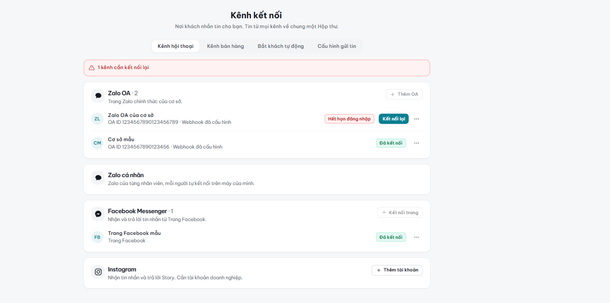 Kênh kết nối báo hết hạn đăng nhập