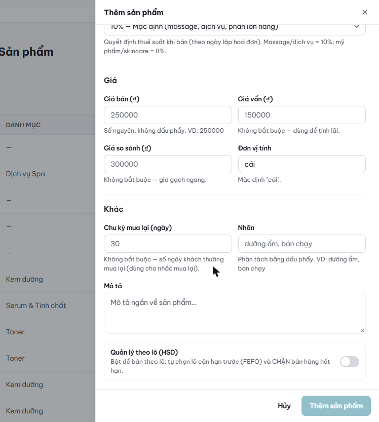Phần dưới của ngăn Thêm sản phẩm