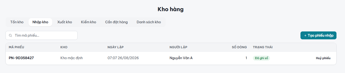 Danh sách phiếu nhập kho
