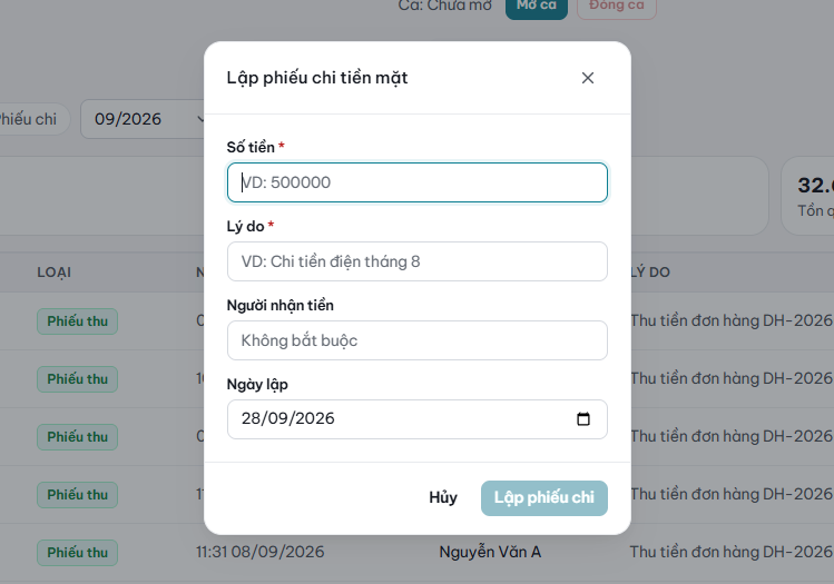Hộp thoại Lập phiếu chi tiền mặt