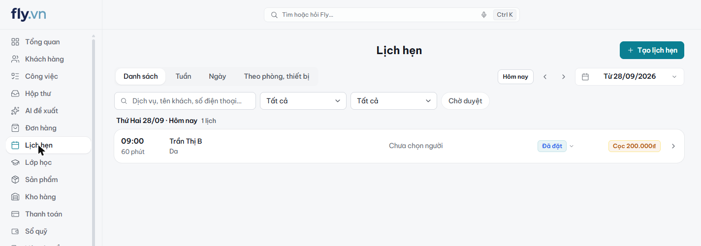 Danh sách lịch hẹn